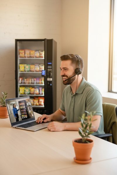 Vending Concepts support specialist working a diagnosis at a laptop with a headset on, a snack machine behind him