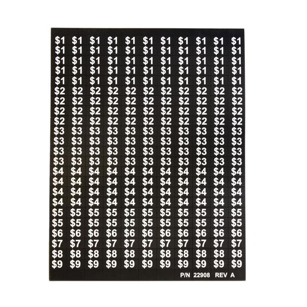 AMS - Price Label Sheet, .25 to $10.00, Black on White